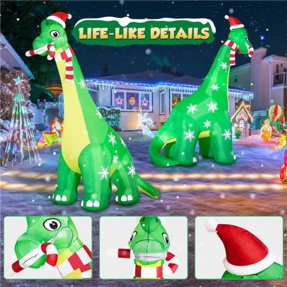 13FT Dinosaur Christmas Inflatable Decor, Built-in LED Lights with Candy Cane - Picture 3 of 7